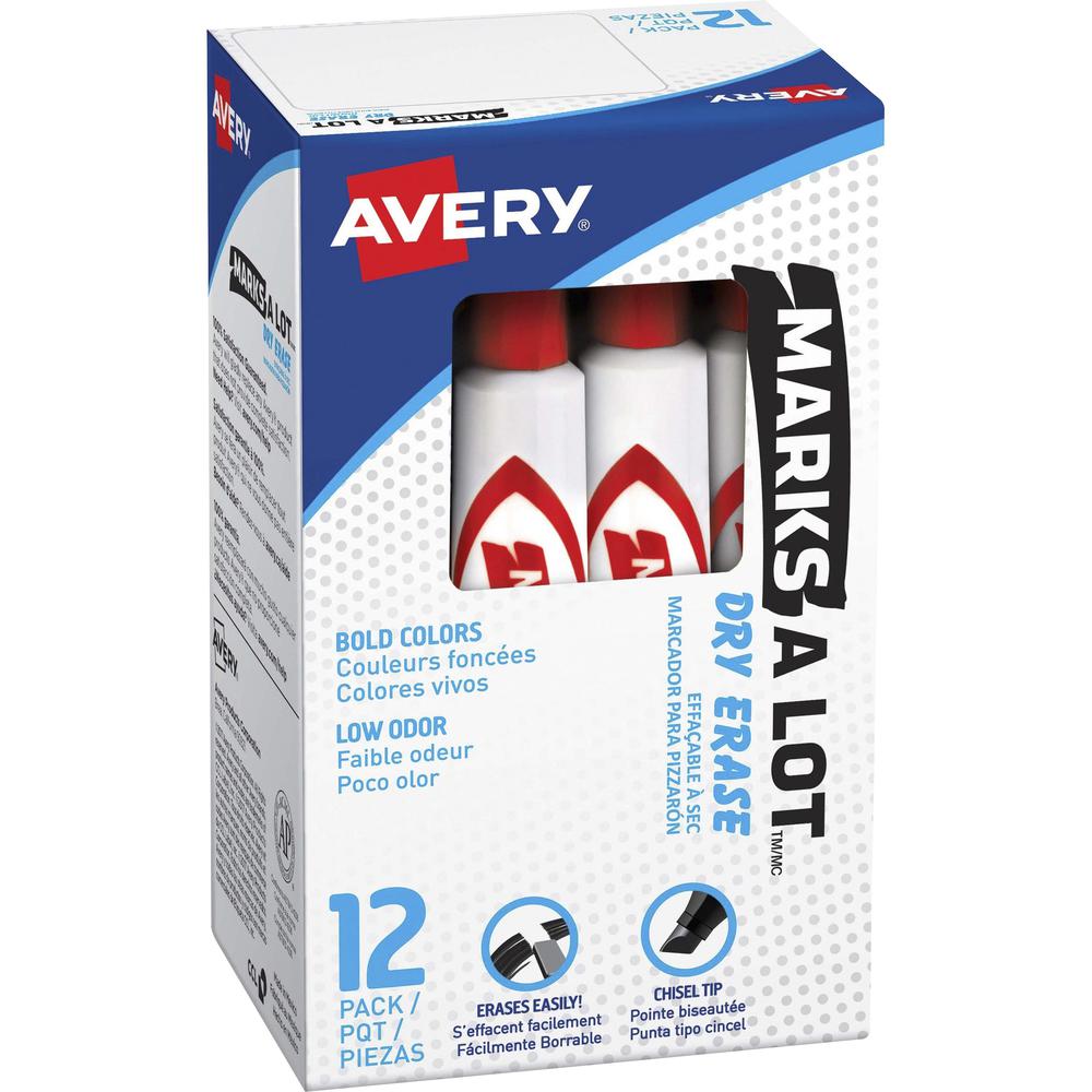 Avery&reg; Marks-A-Lot Desk-Style Dry Erase Markers - Broad Marker Point - Chisel Marker Point Style - Red - White Barrel - 12 / Box. Picture 1