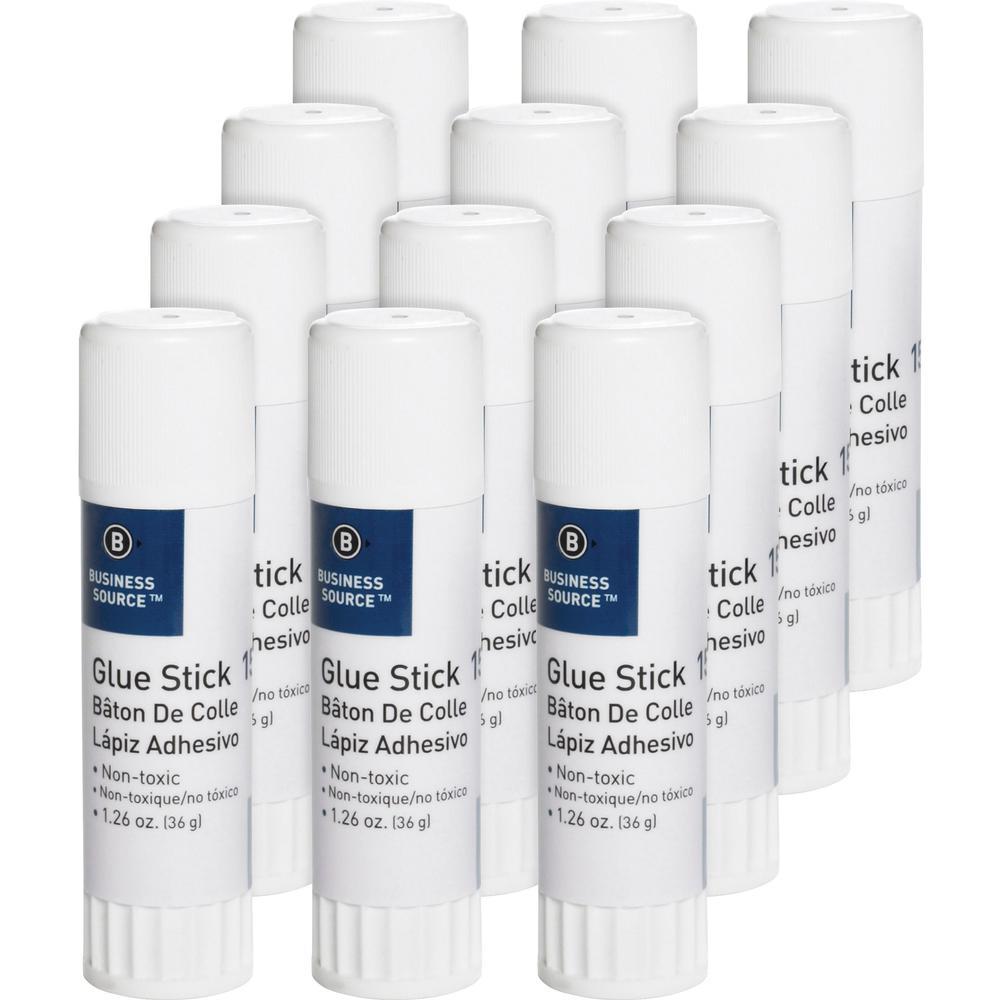 Business Source Glue Stick - 1.26 oz - 12 / Pack - White. Picture 1