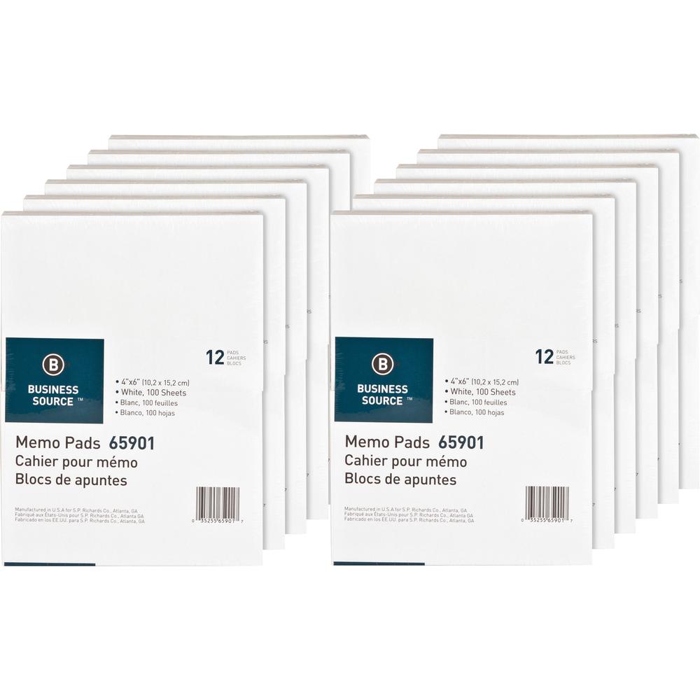 Business Source Plain Memo Pads - 100 Sheets - Plain - Glued - Unruled - 15 lb Basis Weight - 4" x 6" - White Paper - Chipboard Backing - 144 / Carton. Picture 1