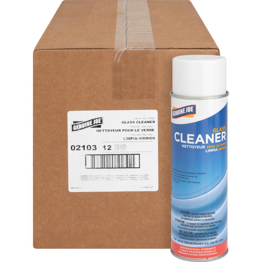 Genuine Joe Glass Cleaner Aerosol - For Multi Surface - Ready-To-Use - 19 oz (1.19 lb) - 12 / Carton - Non-streaking - White. Picture 1