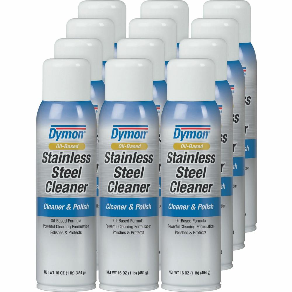 Dymon Oil-based Stainless Steel Cleaner - For Stainless Steel, Aluminum, Chrome, Copper, Brass - 16 fl oz (0.5 quart) - Neutral Scent - 12 / Carton - White. Picture 1
