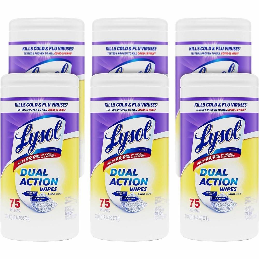 Lysol Dual Action Wipes - For Multipurpose - Citrus Scent - 7" Length x 7.25" Width - 75 / Canister - 6 / Carton - Pre-moistened, Anti-bacterial - White/Purple. Picture 1