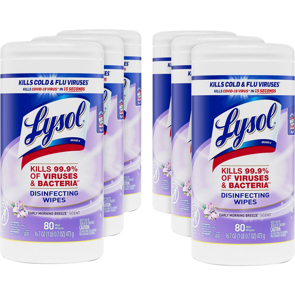 Lysol Early Morning Breeze Disinfecting Wipes - For Multipurpose, Multi Surface - Early Morning Breeze Scent - 80 / Canister - 6 / Carton - Disinfectant, Pre-moistened, Anti-bacterial - White. Picture 1