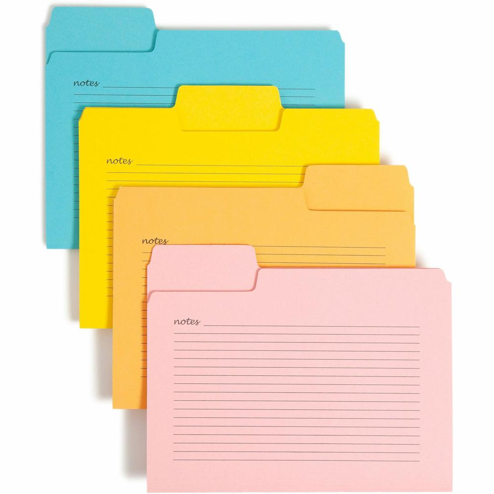 Smead SuperTab 1/3 Tab Cut Letter Recycled Top Tab File Folder - 8 1/2" x 11" - Top Tab Location - Assorted Position Tab Position - Pink, Yellow, Goldenrod, Aqua - 10% Recycled - 12 / Pack. Picture 1
