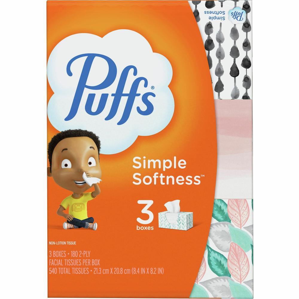 Puffs Basic Facial Tissues - 2 Ply - 8.40" x 8.20" - Assorted - Durable - For Face - 180 Per Box - 3 / Pack. Picture 1