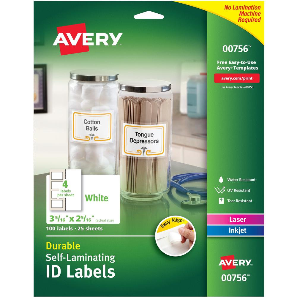 Avery&reg; Easy Align ID Label - 2 5/16" Width x 3 5/16" Length - Permanent Adhesive - Rectangle - Laser, Inkjet - White - Film, Laminate - 4 / Sheet - 25 Total Sheets - 100 Total Label(s) - 5. Picture 1
