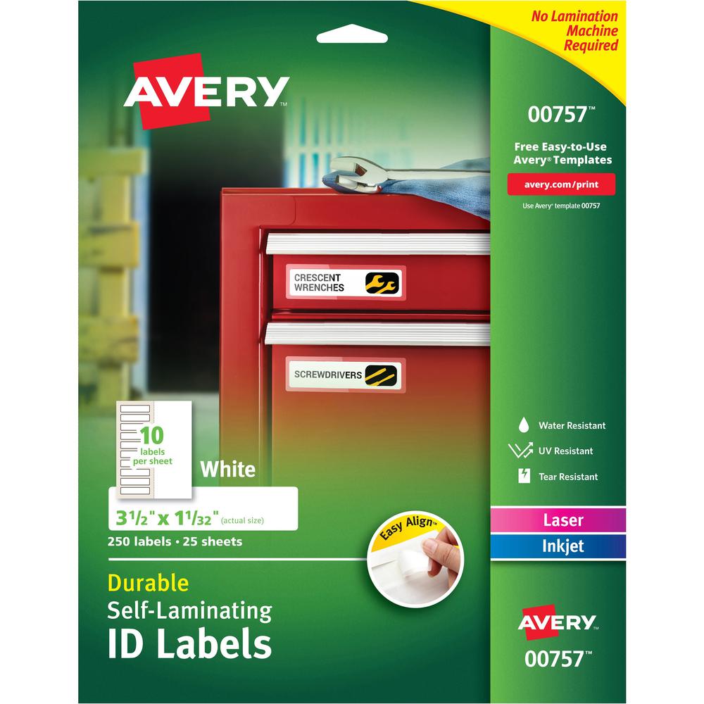 Avery&reg; Easy Align ID Label - 1 1/32" Width x 3 1/2" Length - Permanent Adhesive - Rectangle - Laser, Inkjet - White - Film, Laminate - 10 / Sheet - 25 Total Sheets - 250 Total Label(s) - 5. Picture 1