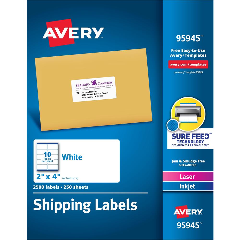Avery&reg; Shipping Labels, Sure Feed, 2"x4" , 2500 Glossy Labels (95945) - 2" Width x 4" Length - Permanent Adhesive - Rectangle - Laser, Inkjet - White - Paper - 10 / Sheet - 250 Total Sheets - 2500. Picture 1