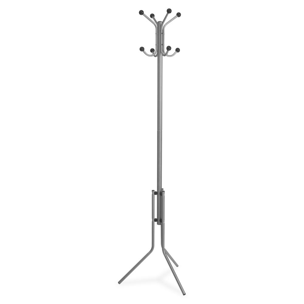 Lorell Tripod Base Coat Rack - 4 Hooks - 4 Pegs - for Coat, Jacket, Hat, Scarf - Metal - Silver - 1 Each. Picture 1