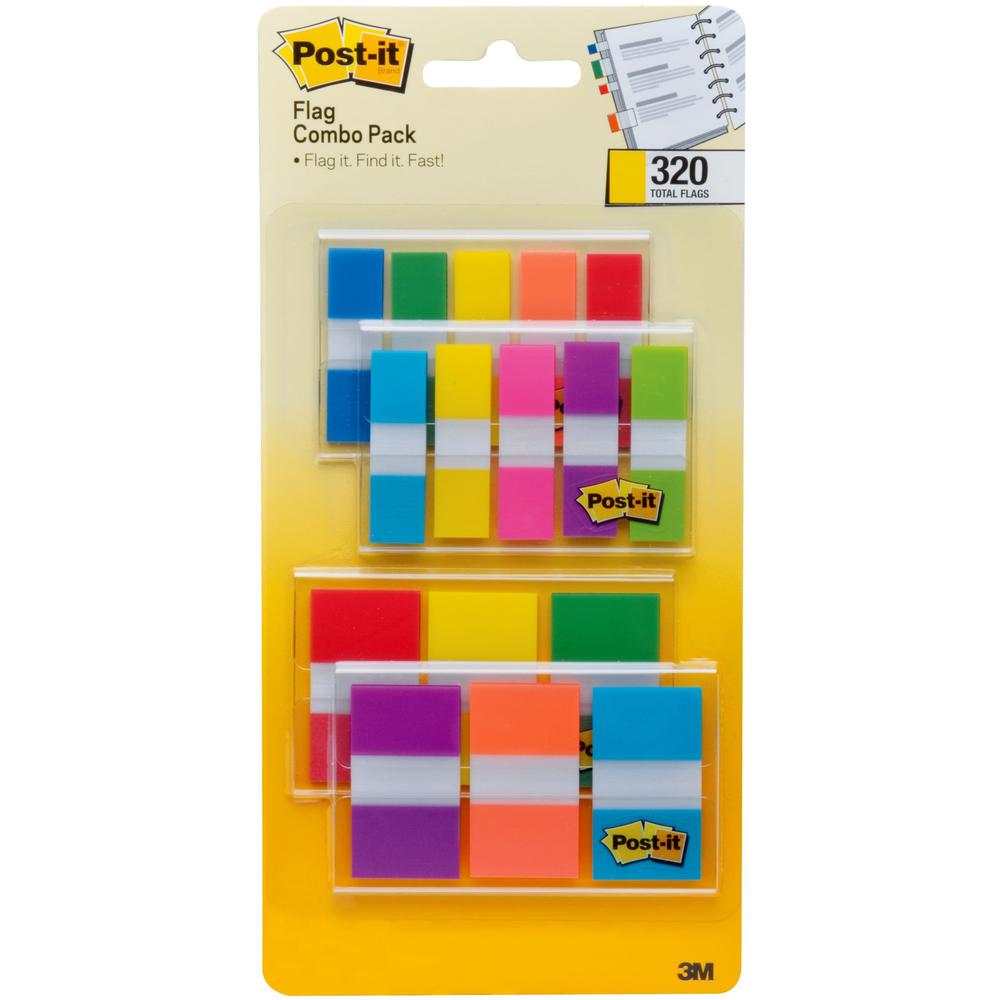 Post-it&reg; Assorted Flag Combo Pack - 320 x Assorted - 1/2" , 1" - Blue, Green, Yellow, Orange, Red, Pink, Purple - Self-adhesive, Repositionable - 320 / Pack. Picture 1