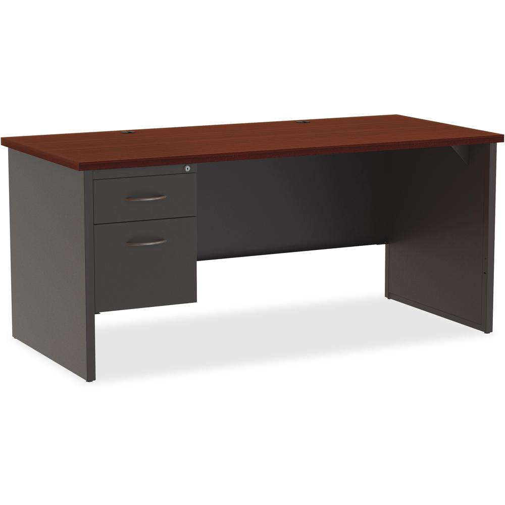 Lorell Mahogany Laminate/Charcoal Modular Desk Series Pedestal Desk - 2-Drawer - 66" x 30" , 1.1" Top - 2 x Box Drawer(s), File Drawer(s) - Single Pedestal on Left Side - Material: Steel - Finish: Mah. The main picture.
