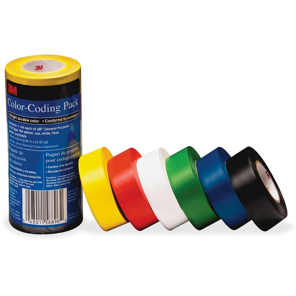 3M Vinyl Tape 764 Color-coding Pack - 21.87 yd Length x 0.94" Width - 5 mil Thickness - Rubber - 4 mil - Polyvinyl Chloride (PVC) Backing - 6 / Pack - Multicolor. Picture 1