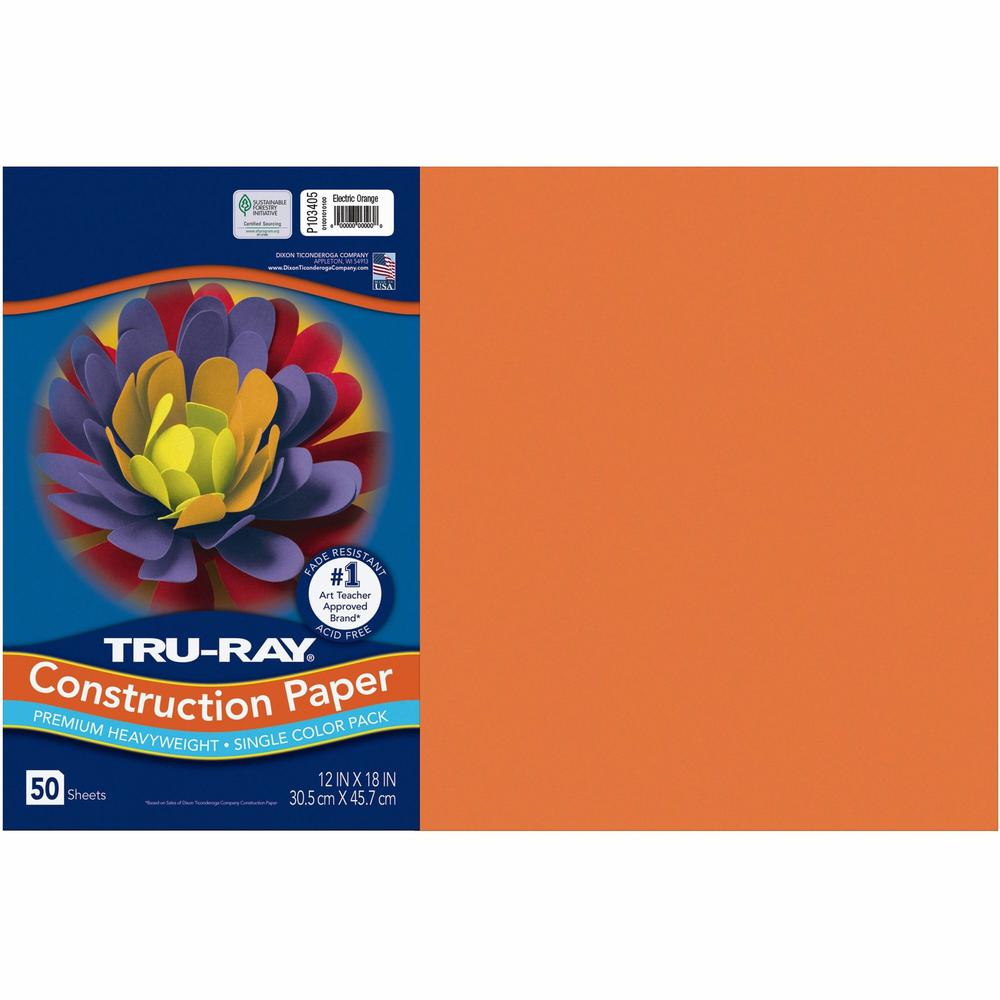 Tru-Ray Construction Paper - Art Project - 18"Width x 12"Length - 50 / Pack - Electric Orange - Sulphite. Picture 1