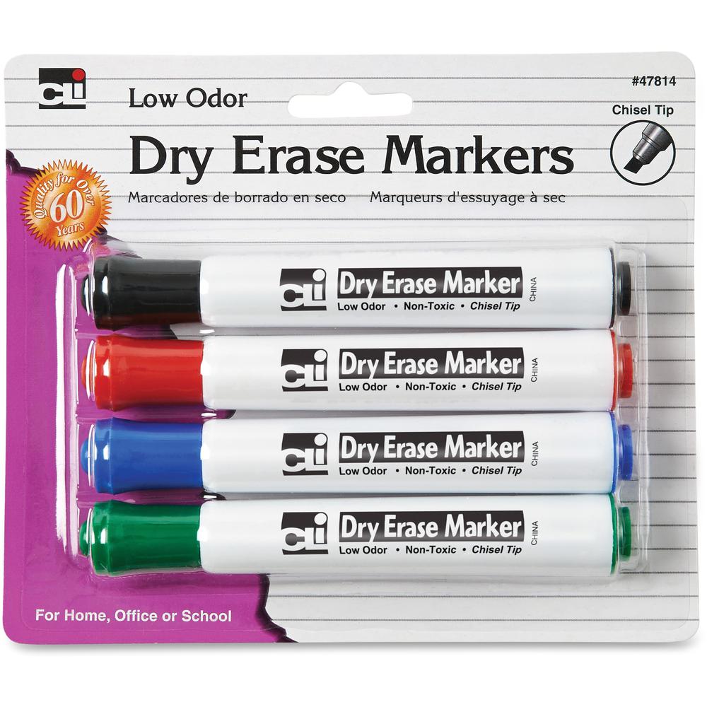 CLI Chisel Tip Dry Erase Markers - Chisel Marker Point Style - Black, Blue, Red, Green - 4 / Pack. The main picture.