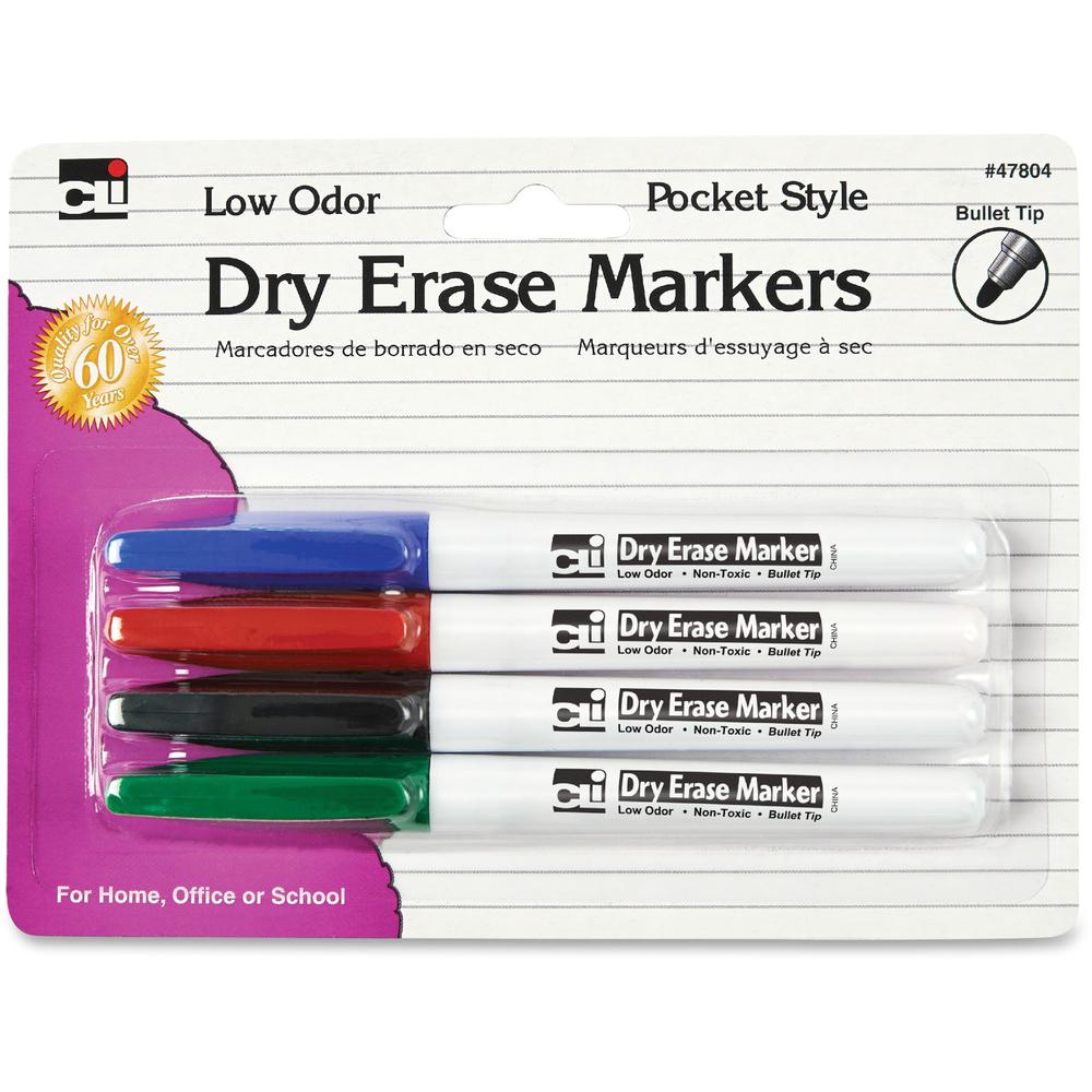 CLI Low Odor Dry Erase Markers - Fine Marker Point - Bullet Marker Point Style - Black, Blue, Red, Green - 4 / Pack. The main picture.