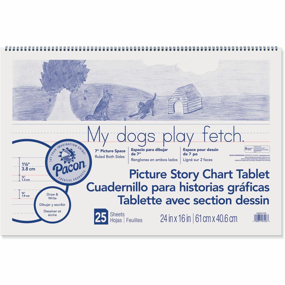 Pacon Ruled Picture Story Chart Tablet - 25 Sheets - Spiral Bound - Both Side Ruling Surface - Ruled - 1.50" Ruled - 7" Picture Story Space - 24" x 16" - White Paper - Punched - Recycled - 1 Each. Picture 1