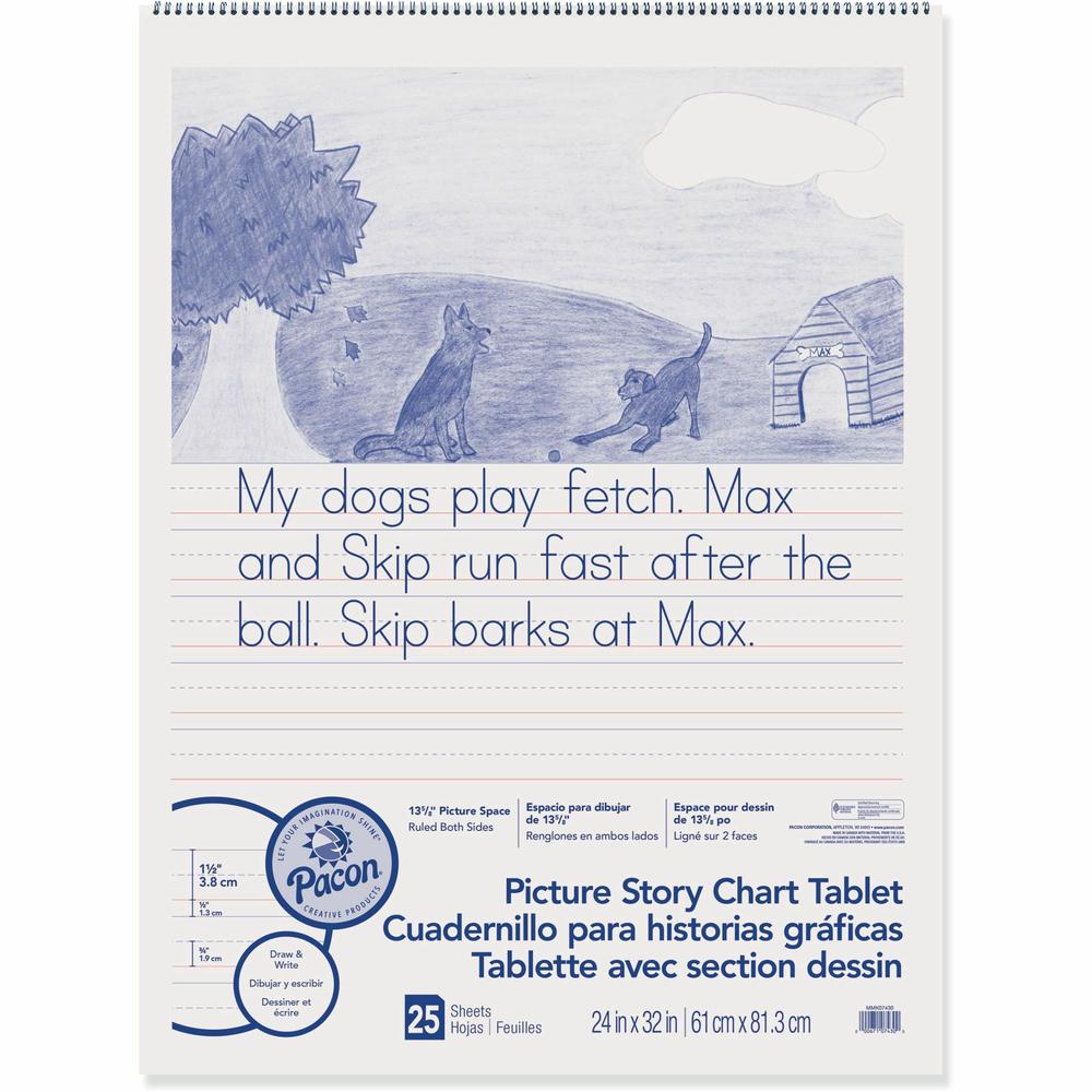 Pacon Ruled Picture Story Chart Tablet - 25 Sheets - Spiral Bound - Both Side Ruling Surface - Ruled - 1.50" Ruled - 13.63" Picture Story Space - 24" x 32" - White Paper - Punched - 1 Each. Picture 1