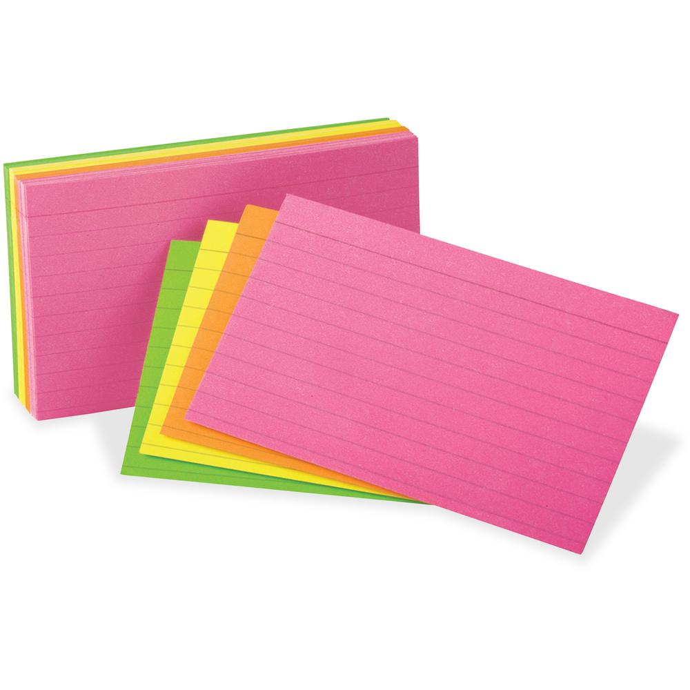 Oxford Neon Glow Ruled Index Cards - Front Ruling Surface - Ruled - 3" x 5" - Assorted Paper - Recycled - 300 / Pack. Picture 1