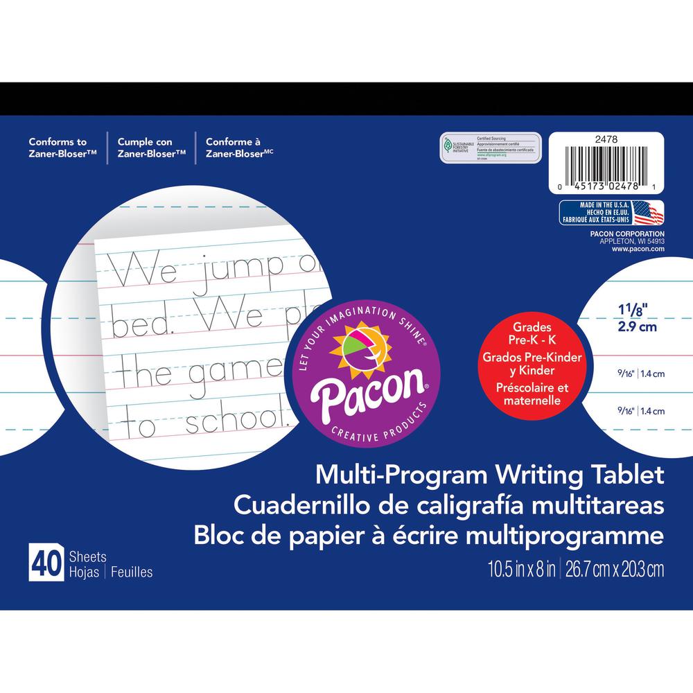 Pacon Multi-Program Handwriting Tablet - 40 Sheets - Both Side Ruling Surface - Ruled - 1.13" Ruled - 10 1/2" x 8" - White Paper - Assorted Cover - Chipboard Backing, Recyclable, Film-wrapped - 1 Each. Picture 1