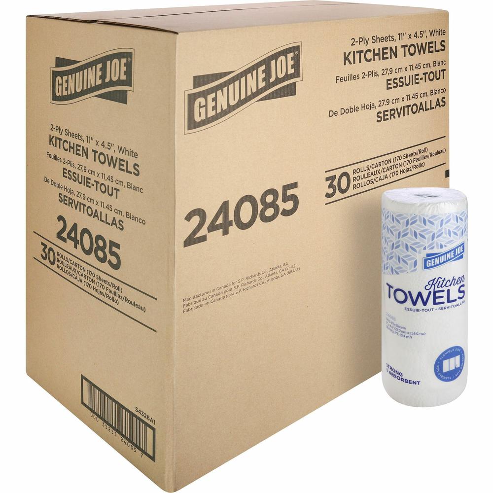 Genuine Joe Kitchen Roll Flexible Size Towels - 2 Ply - 1.63" Core - White - Paper - 30 / Carton. Picture 1