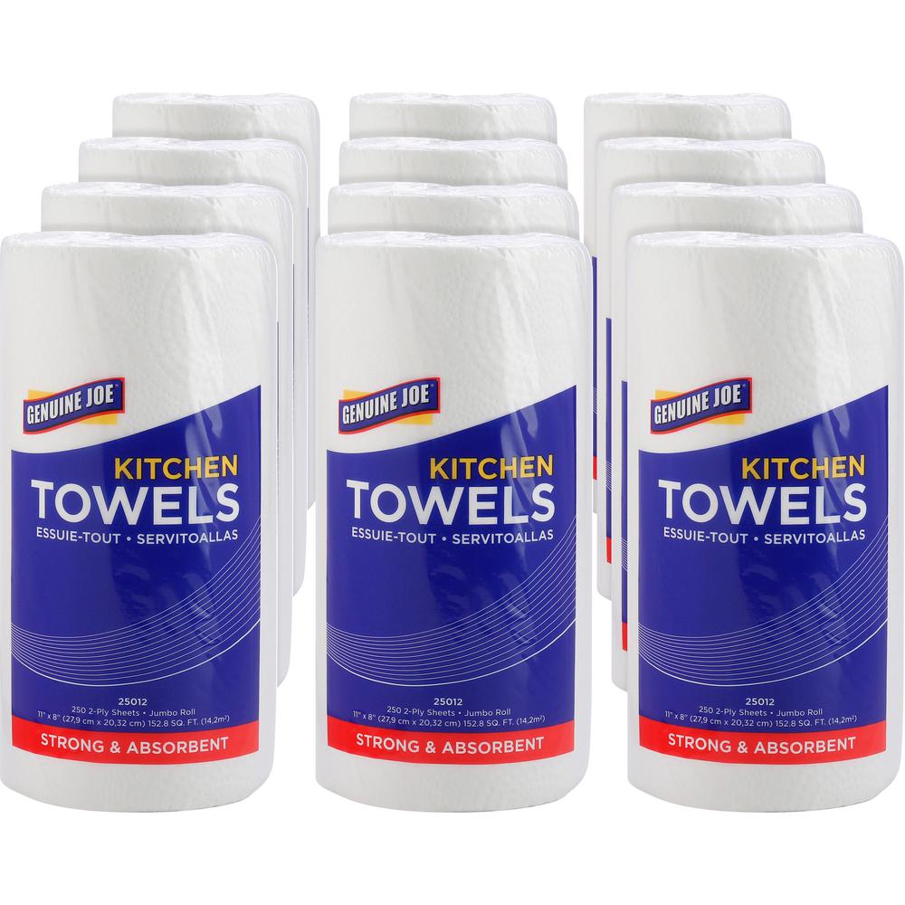 Genuine Joe Paper Towels - 2 Ply - 8" x 11" - 250 Sheets/Roll - 1.63" Core - White - Paper - 12 / Carton. Picture 1