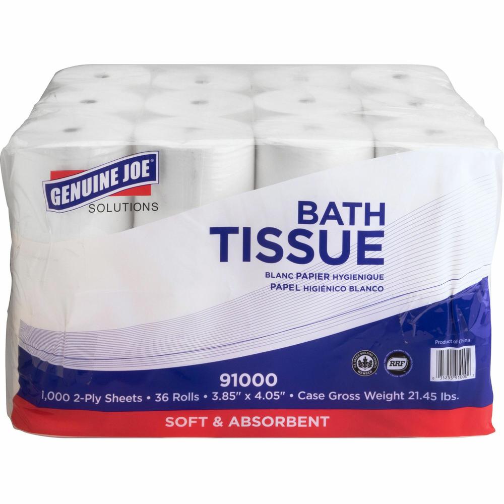 Genuine Joe Solutions Double Capacity Bath Tissue - 2 Ply - 1000 Sheets/Roll - 0.71" Core - White - Virgin Fiber - Embossed, Chlorine-free - For Bathroom - 36 / Carton. Picture 1
