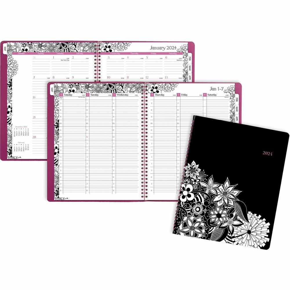 Cambridge FloraDoodle Premium 2024 Weekly Monthly Appointment Book, Black, White, Large - Large Size - Weekly, Monthly - 13 Month - January 2024 - December 2024 - 7:00 AM to 8:00 PM - Hourly - 1 Week,. Picture 1