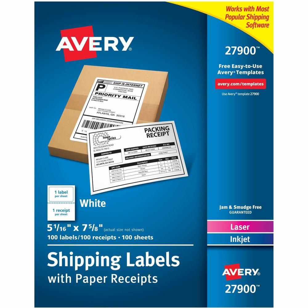 Avery&reg; Paper Receipt White Shipping Labels - 5 1/16" Width x 7 5/8" Length - Permanent Adhesive - Rectangle - Laser, Inkjet - White - Paper - 1 / Sheet - 100 Total Sheets - 100 Total Label(s) - 5. Picture 1