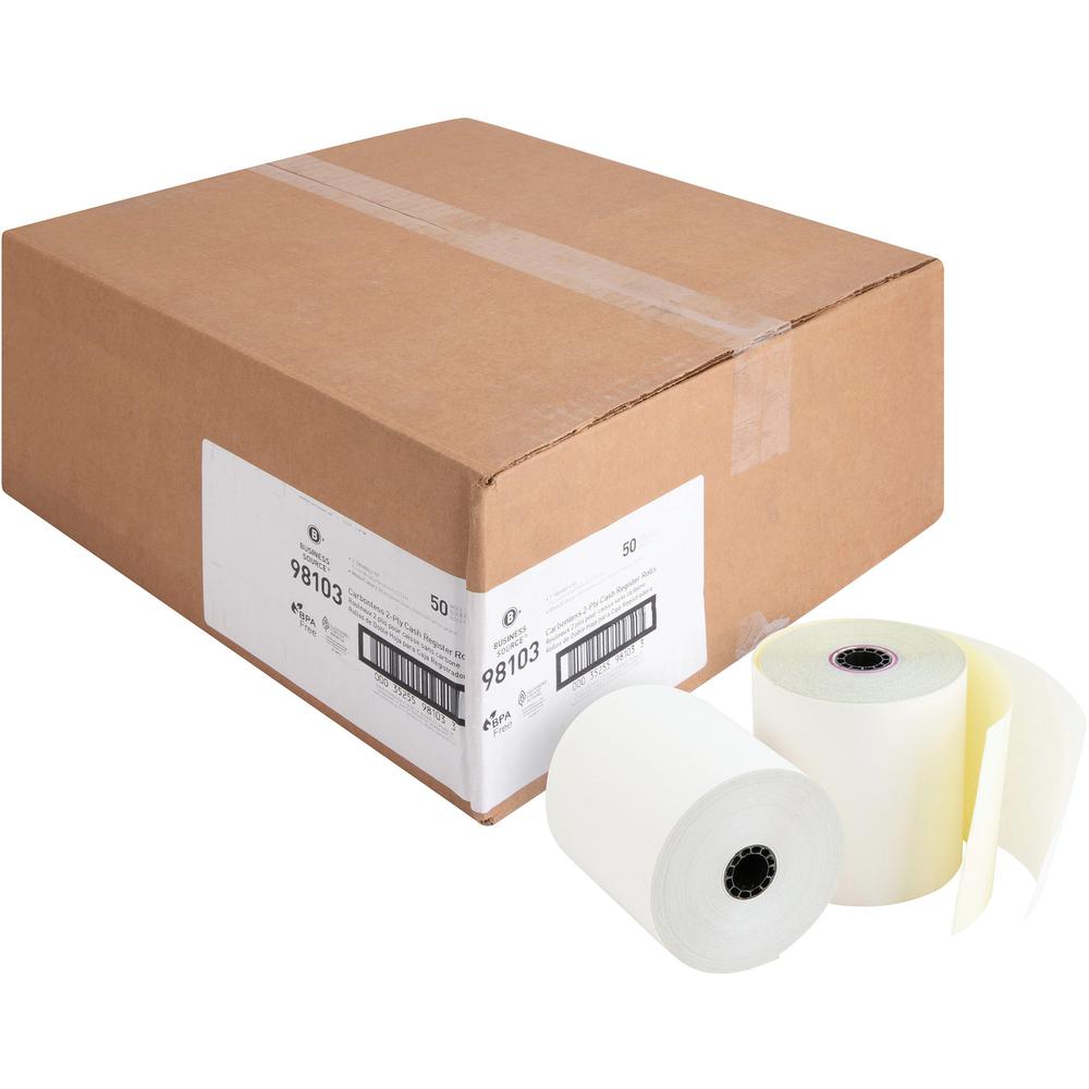 Business Source 2-part Carbonless Cash Register Rolls - 3" x 90 ft - 50 / Carton - Sustainable Forestry Initiative (SFI) - White. Picture 1