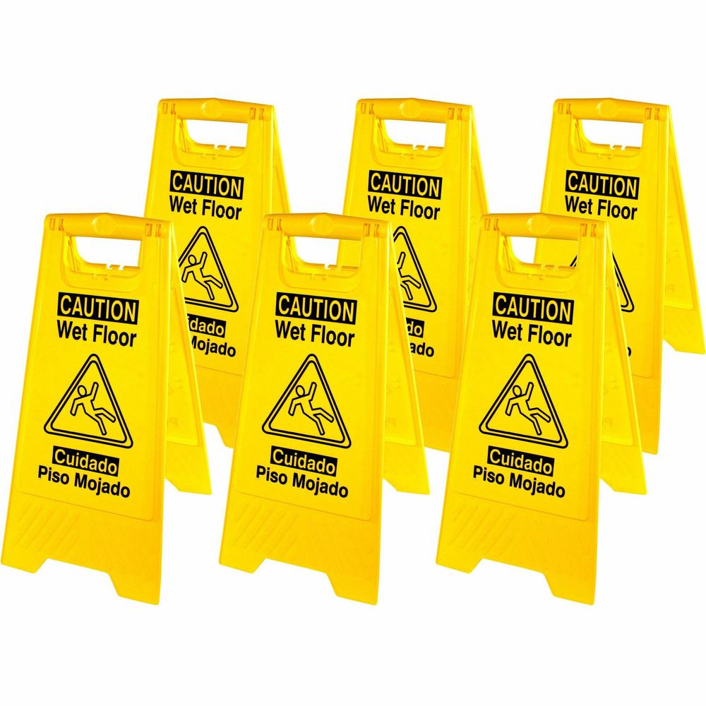 Genuine Joe Universal Graphic Wet Floor Sign - 6 / Carton - English, Spanish - Wet Floor Print/Message - Foldable - Yellow. Picture 1