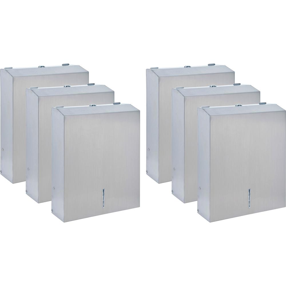 Genuine Joe C-Fold/Multi-fold Towel Dispenser Cabinet - C Fold, Multifold Dispenser - 13.5" Height x 11" Width x 4.3" Depth - Stainless Steel, Metal - Silver - Wall Mountable - 6 / Carton. Picture 1