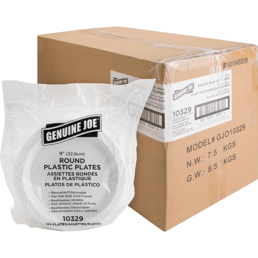Genuine Joe 9" Reusable Plastic Plates - 125 / Pack - Serving - Disposable - 9" Diameter - White - Plastic Body - 4 / Carton. Picture 1