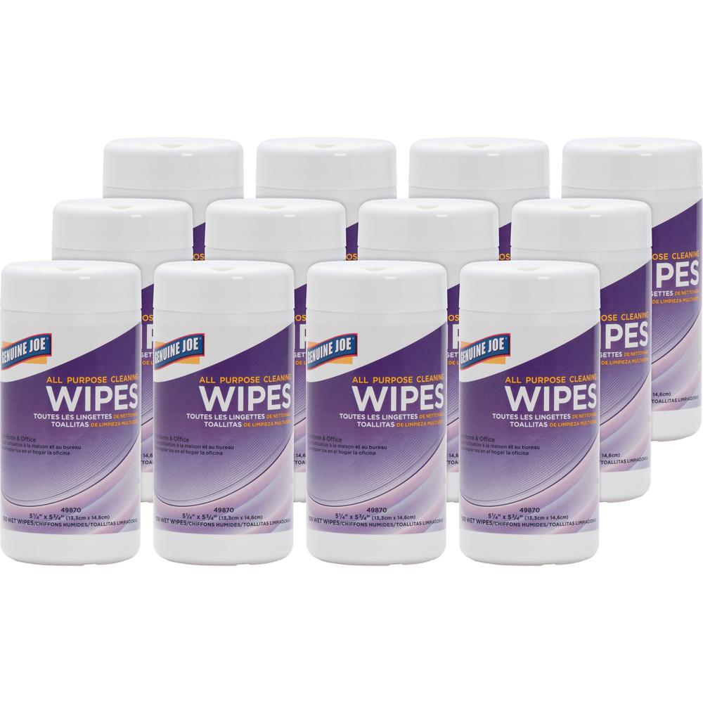 Genuine Joe All Purpose Cleaning Wipes - 5.88" Length x 5.13" Width - 100 / Canister - 12 / Carton - Pre-moistened, Non-abrasive, Non-toxic, Soft - Multi. Picture 1