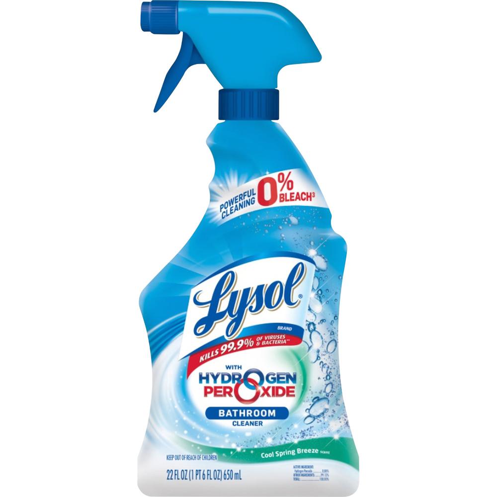 Lysol Bathroom Cleaner with Hydrogen Peroxide - For Multipurpose - 22 fl oz (0.7 quart) - Cool Spring Breeze Scent - 12 / Carton - Chemical-free, Anti-bacterial, Non-chlorine Bleached - Blue, White. Picture 1