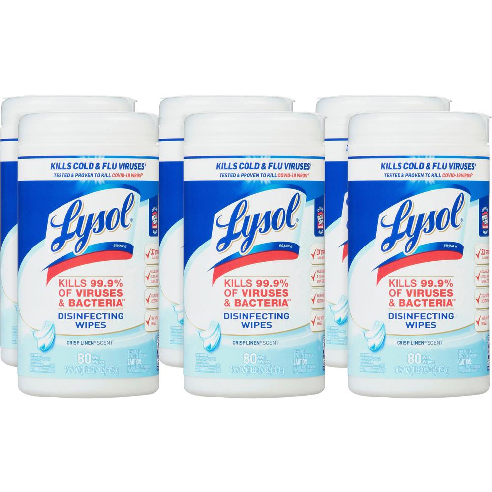 Lysol Disinfecting Wipes - Crisp Linen Scent - 7" Length x 7.25" Width - 80 / Canister - 6 / Carton - Disinfectant, Pre-moistened, Deodorize, Antibacterial - White. Picture 1