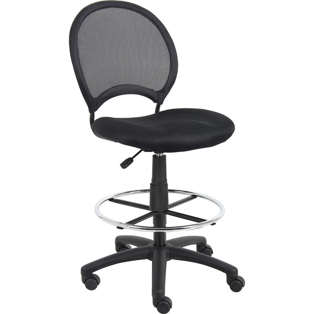 Boss B16215 Drafting Chair - Black Mesh Seat - Black Ballistic Nylon, Metal Back - Black, Chrome Nylon Frame - 5-star Base - 1 Each. Picture 1