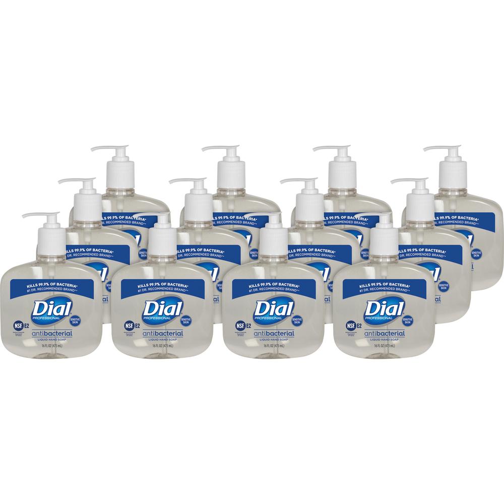 Dial Sensitive Skin Antibacterial Liquid Hand Soap - 16 fl oz (473.2 mL) - Pump Bottle Dispenser - Kill Germs - Skin, Hand - Antibacterial - Clear - 12 / Carton. Picture 1