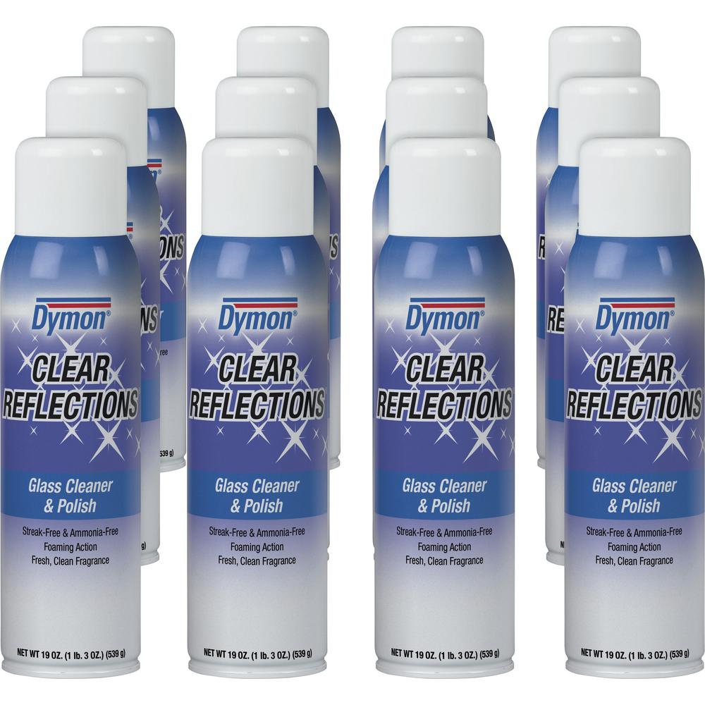 Dymon Clear Reflections Aerosol Glass Cleaner - 19 fl oz (0.6 quart) - 12 / Carton - Residue-free - Silver, Blue. Picture 1
