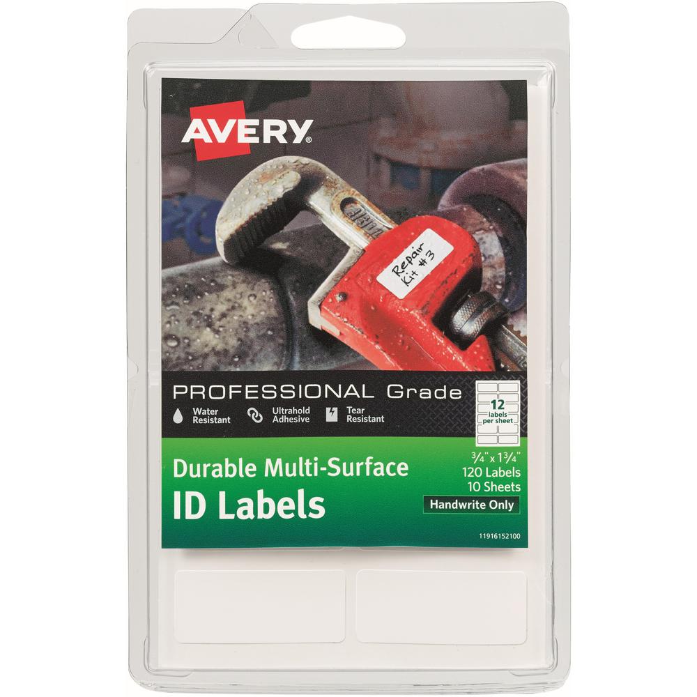 Avery&reg; ID Labels - Permanent Adhesive - Rectangle - White - Film - 12 / Sheet - 10 Total Sheets - 120 Total Label(s) - 3 - Water Resistant. Picture 1