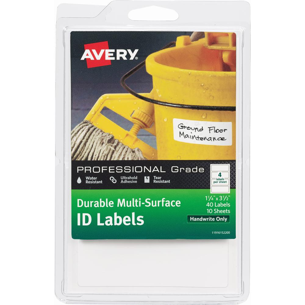 Avery&reg; Durable ID Labels - Permanent Adhesive - Rectangle - White - Film - 4 / Sheet - 10 Total Sheets - 40 Total Label(s) - 40 / Pack - Water Resistant. Picture 1
