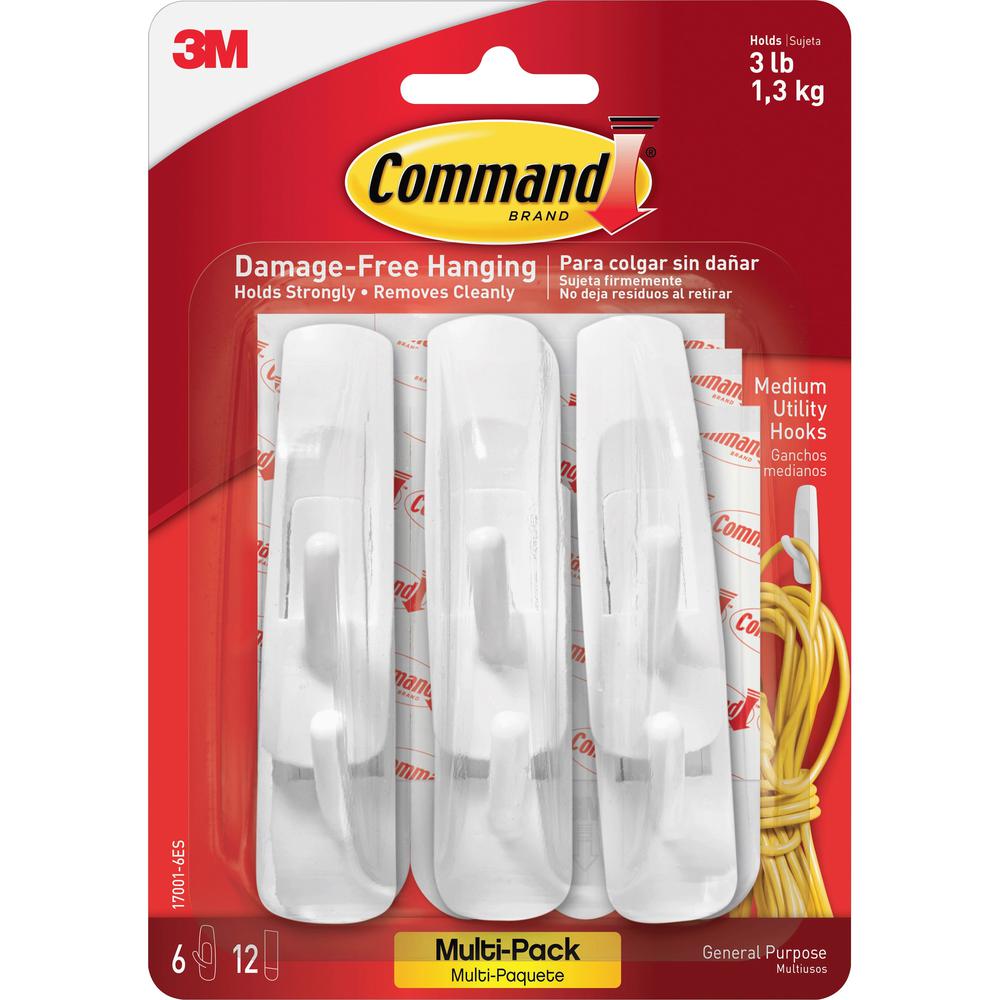 Command Medium Utility Hooks with Adhesive Strips - 3 lb (1.36 kg) Capacity - for Paint, Wood, Tile - White - 6 / Pack. Picture 1