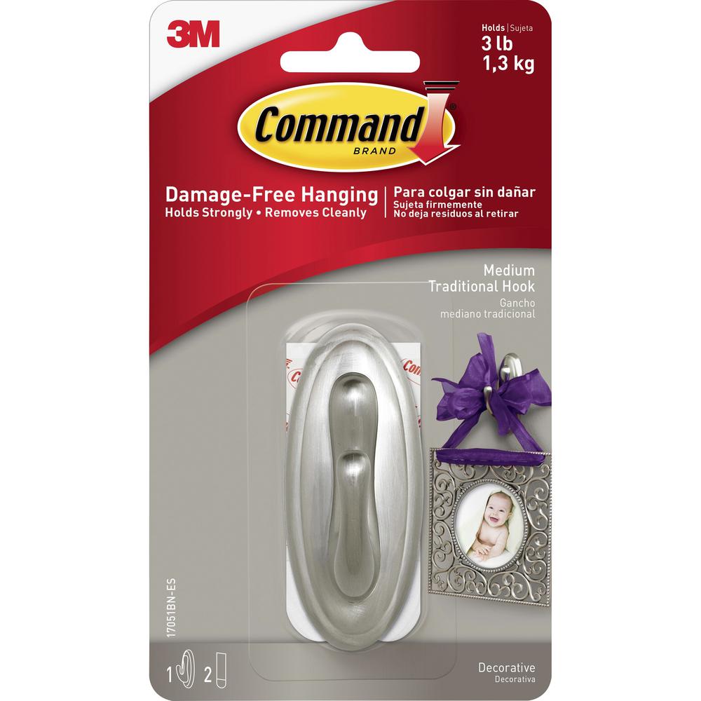 Command Medium Traditional Hook, Brushed Nickel - 3 lb (1.36 kg) Capacity - 3.1" Length - for Decoration, Indoor - Plastic - Metallic Silver - 1 / Pack. Picture 1