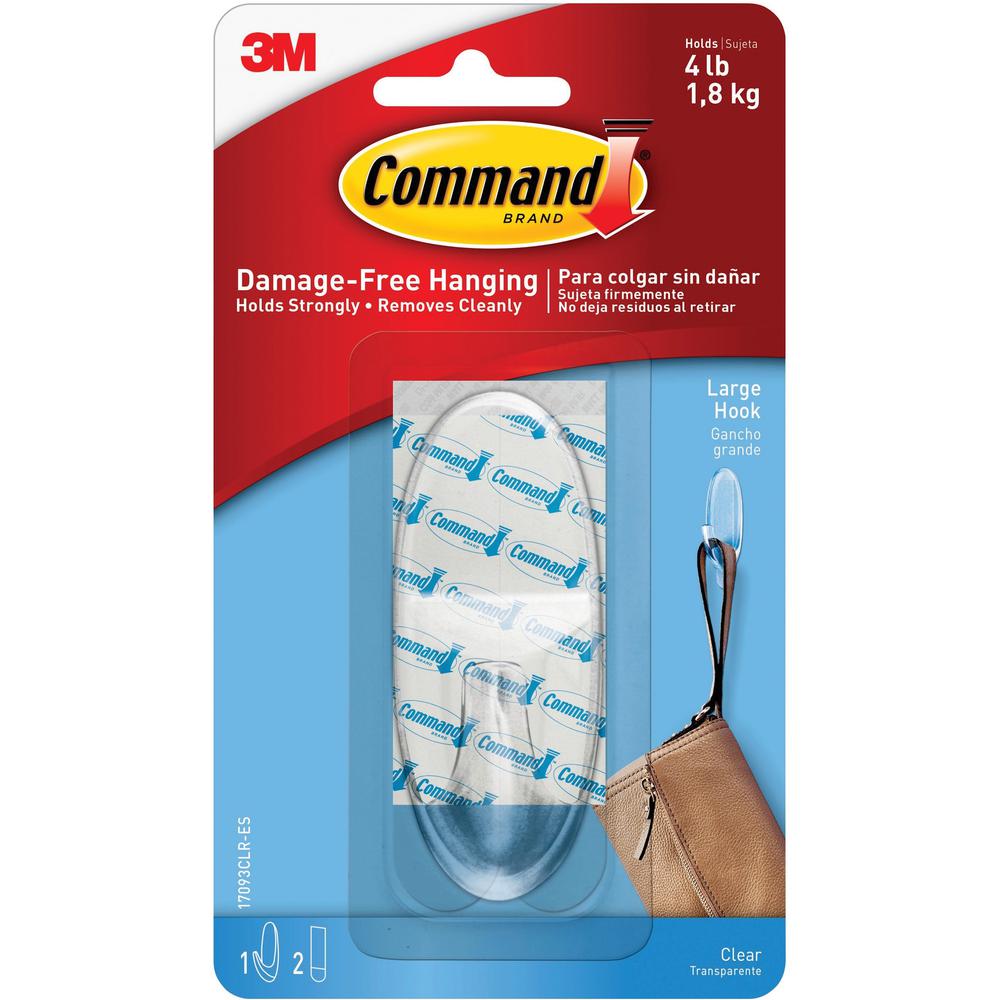 Command Large Hook with Clear Strips - 4 lb (1.81 kg) Capacity - 3.4" Length - for Decoration - Plastic - Clear - 1 / Pack. Picture 1