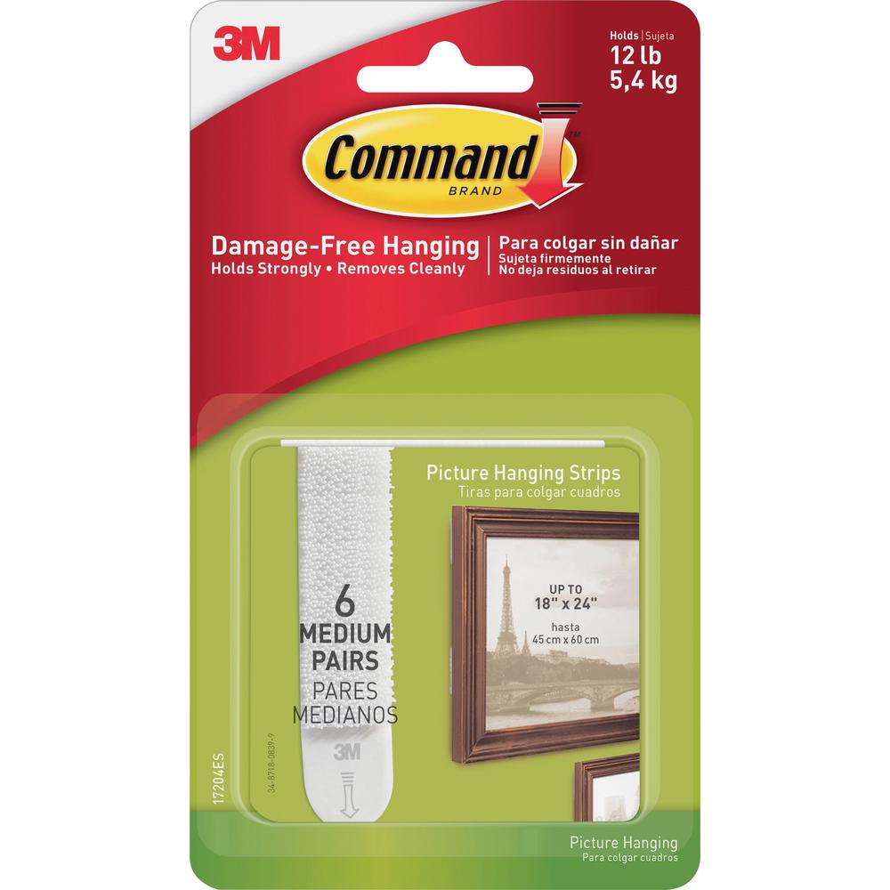 Command Medium Picture Hanging Strips - 2.75" Length x 0.75" Width - Rubber Resin Backing - 6 / Pack - White. The main picture.