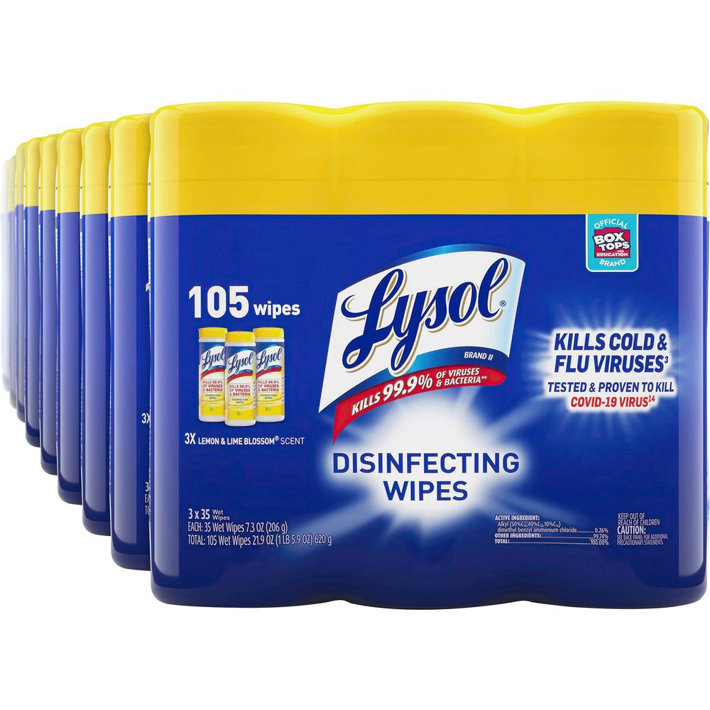 Lysol Disinfecting Wipes 3-pack - Lemon Scent - 35 / Canister - 12 / Carton - Disinfectant, Antibacterial - White. Picture 1