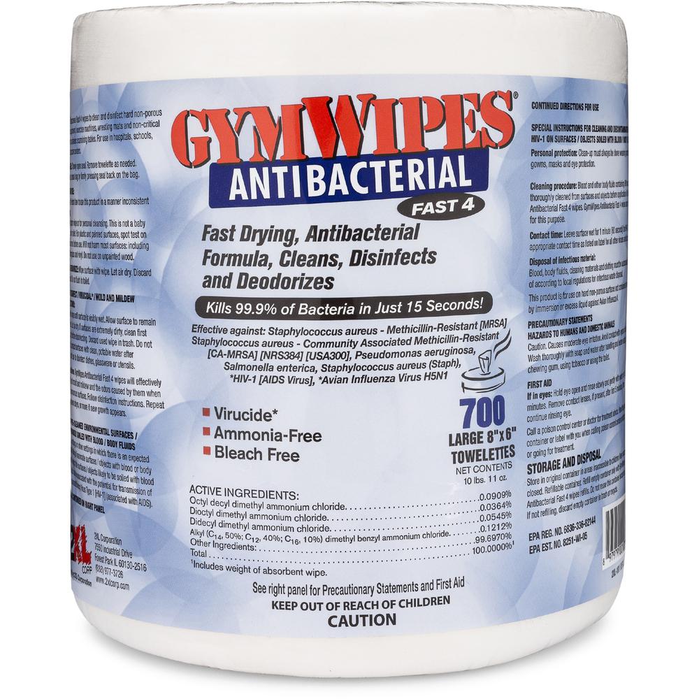 2XL GymWipes Antibacterial Towelettes Bucket Refill - 6" x 8" - White - 700 Per Bag - 1 Each. Picture 1