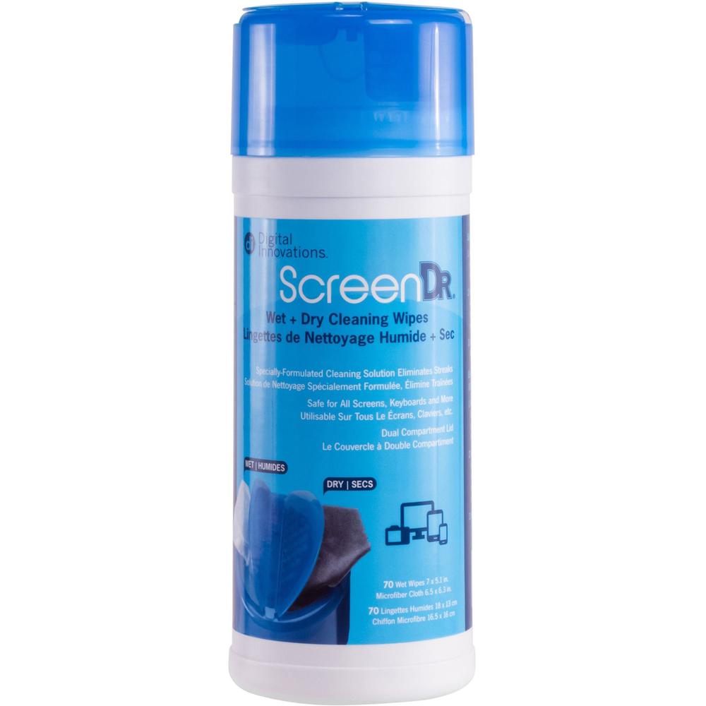 Digital Innovations ScreenDr Wet/Dry Streak-Free Wipes, 70-pack - For Electronic Equipment, Display Screen - Alcohol-free, Ammonia-free, Streak-free, Non-abrasive, Anti-static, Soft - 70 / Pack - 1 Ea. Picture 1