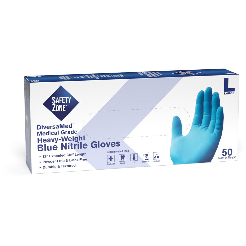 Safety Zone 12" Powder Free Blue Nitrile Gloves - Large Size - Blue - Comfortable, Allergen-free, Silicone-free, Latex-free, Textured - For Cleaning, Dishwashing, Medical, Food, Janitorial Use, Painti. Picture 1