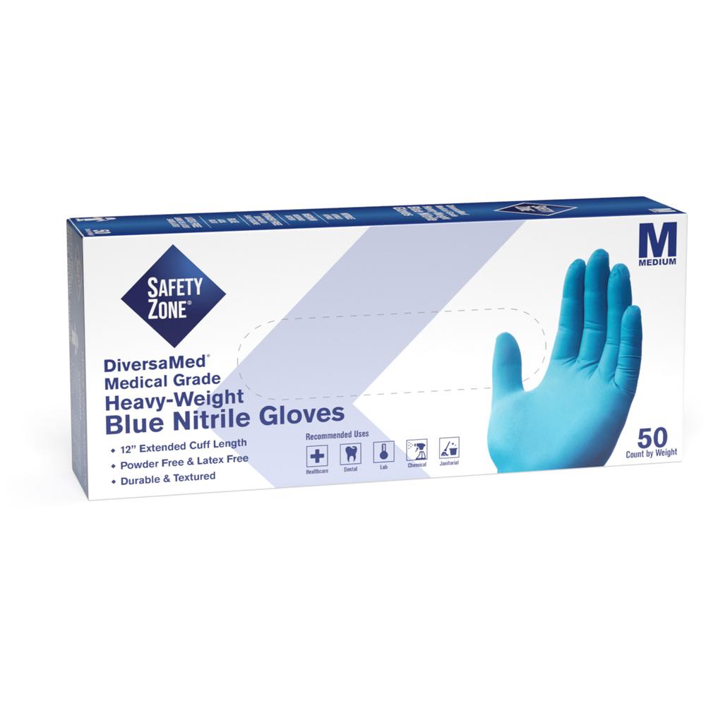 Safety Zone 12" Powder Free Blue Nitrile Gloves - Medium Size - Blue - Comfortable, Allergen-free, Silicone-free, Latex-free, Textured - For Cleaning, Dishwashing, Medical, Food, Janitorial Use, Paint. Picture 1