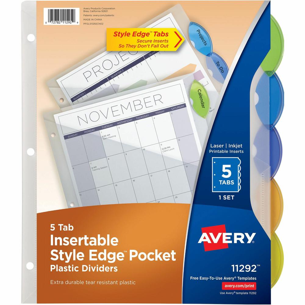 Avery&reg; Insertble Style Edge Plastic Pocket Dividers - 5 x Divider(s) - 5 - 5 Tab(s)/Set - 9.3" Divider Width x 11.25" Divider Length - 3 Hole Punched - Translucent Plastic Divider - Multicolor Pla. Picture 1